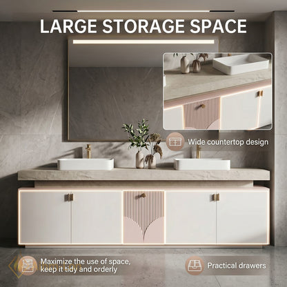 70''-96'' Double Bathroom Vanity with Sink Soft Pink Finish Slatted Center Panel