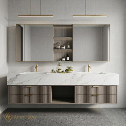 60''-96'' Double Bathroom Vanity with Sink Modern Floating Open Shelving Storage Two