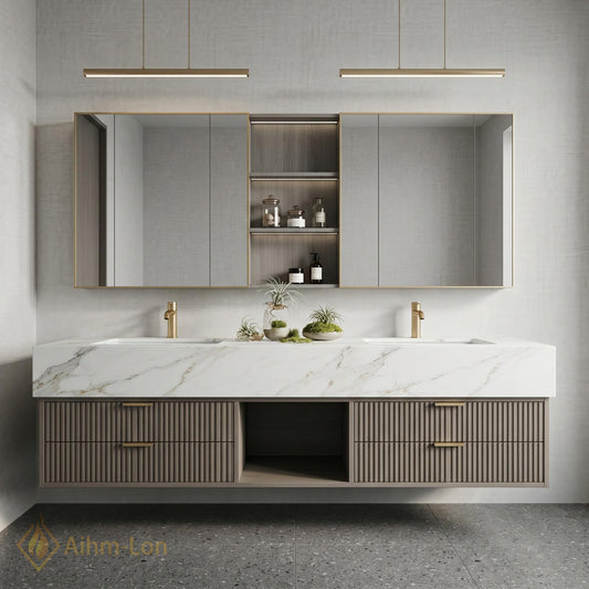 60''-96'' Double Bathroom Vanity with Sink Modern Floating Open Shelving Storage Two