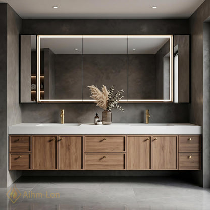 60''-96'' Double Bathroom Vanity with Sink Floating Warm Oak Grain Finish Drawers