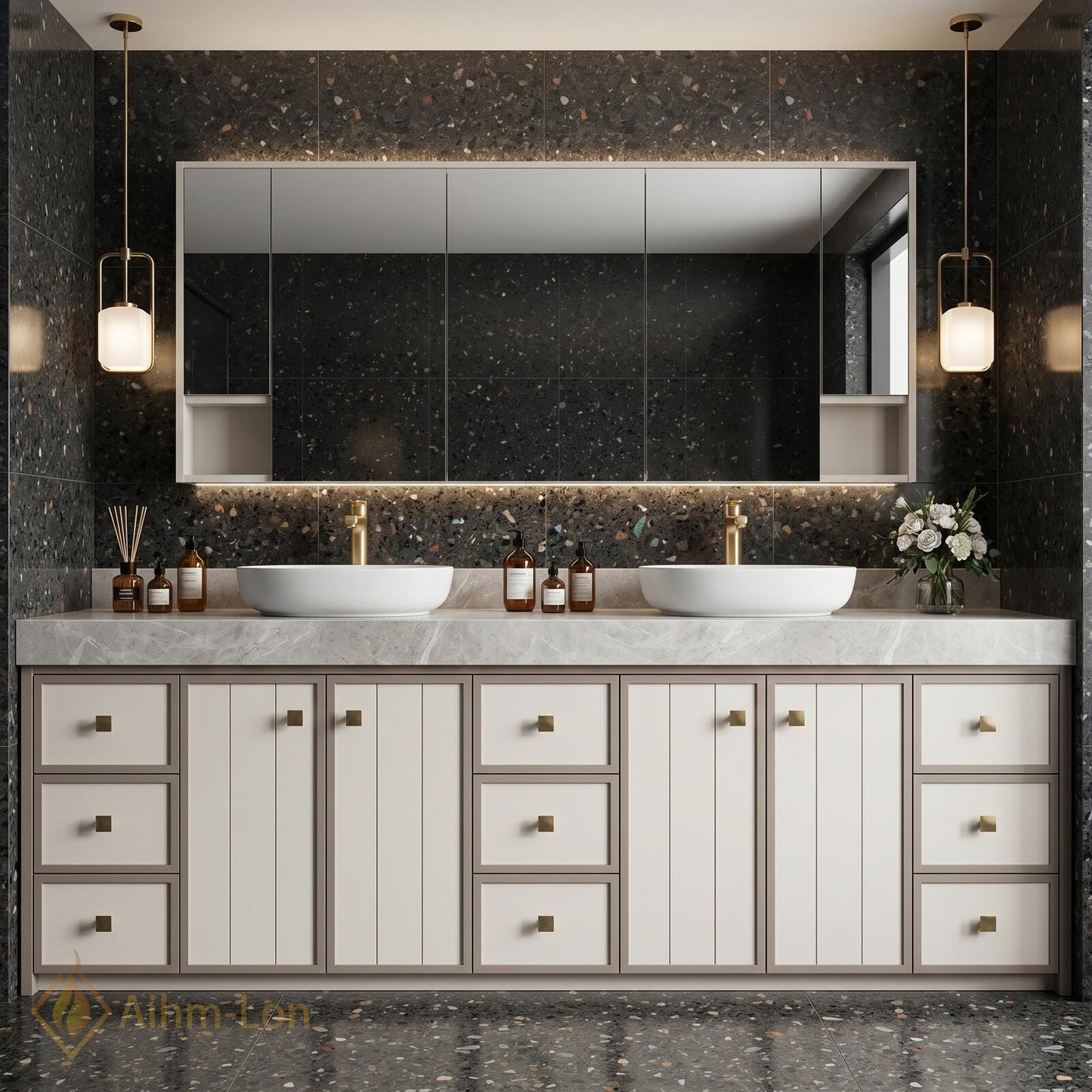 78''-96'' Double Bathroom Vanity with Sink Modern White Paneled Front Taupe Frame