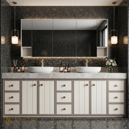 78''-96'' Double Bathroom Vanity with Sink Modern White Paneled Front Taupe Frame