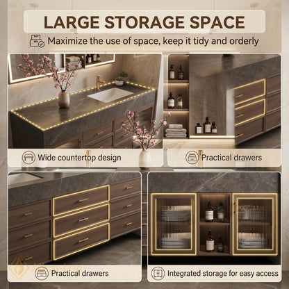 60''-96'' Double Bathroom Vanity with Sink Wall-Mounted Dark Stone Top Ample Drawers