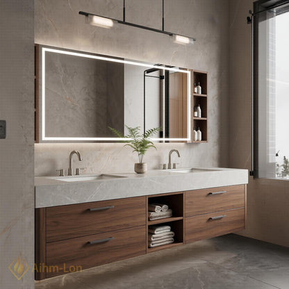 60''-96'' Double Bathroom Vanity with Sink Modern Grey Stone Top Walnut Drawers