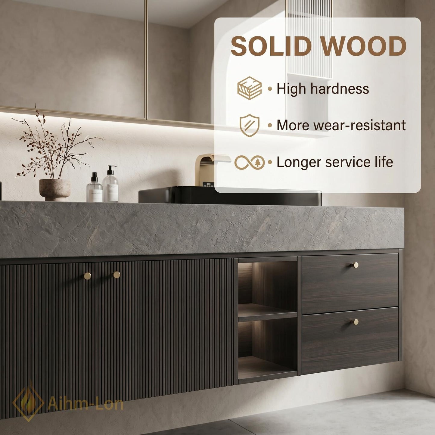 72''-96'' Double Bathroom Vanity with Sink Dark-Walnut Slatted-Panel Floating Elegant