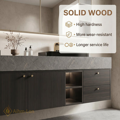 72''-96'' Double Bathroom Vanity with Sink Dark-Walnut Slatted-Panel Floating Elegant