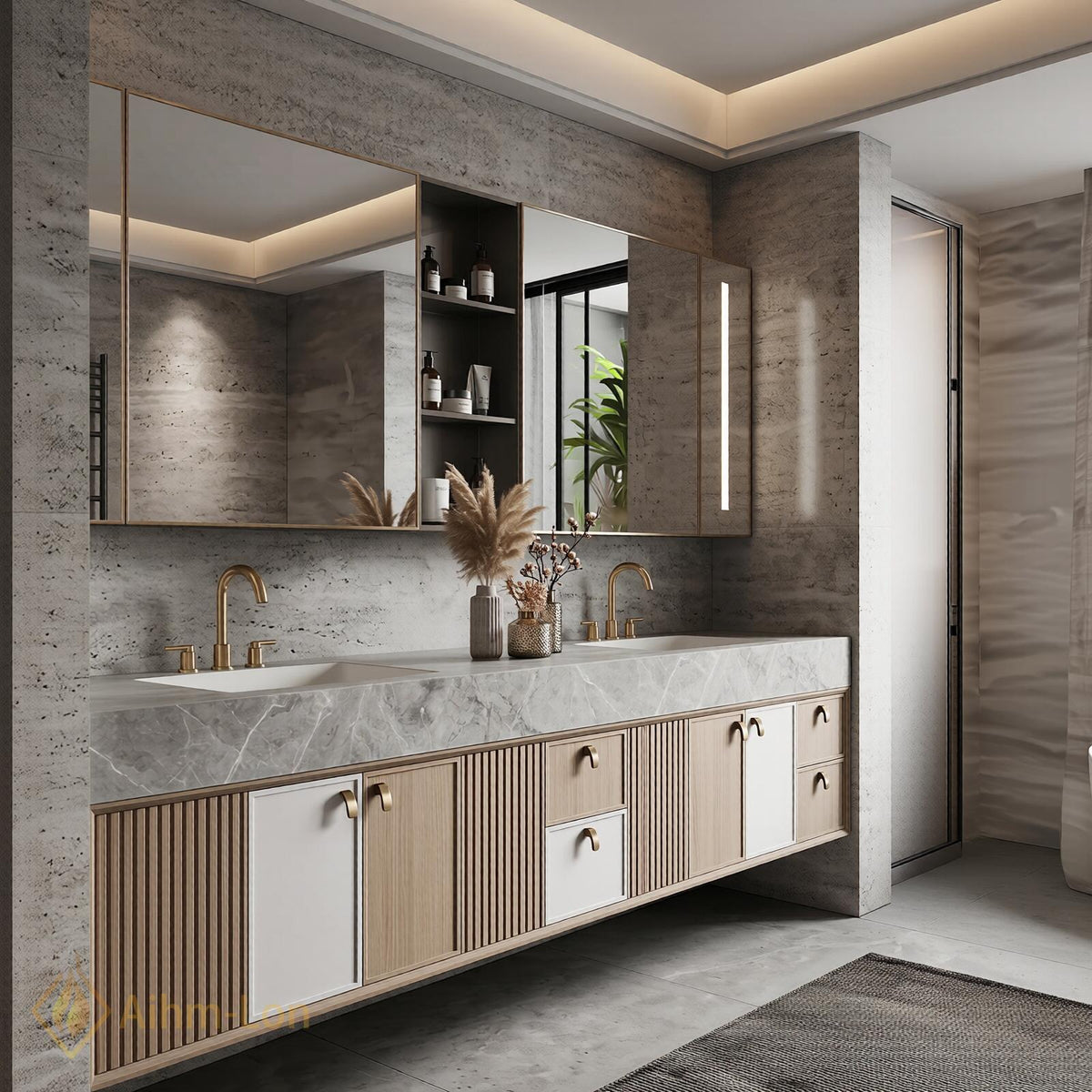 76''-96'' Double Bathroom Vanity with Sink Floating Double Oak Finish Slatted Side