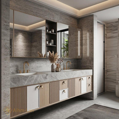 76''-96'' Double Bathroom Vanity with Sink Floating Double Oak Finish Slatted Side