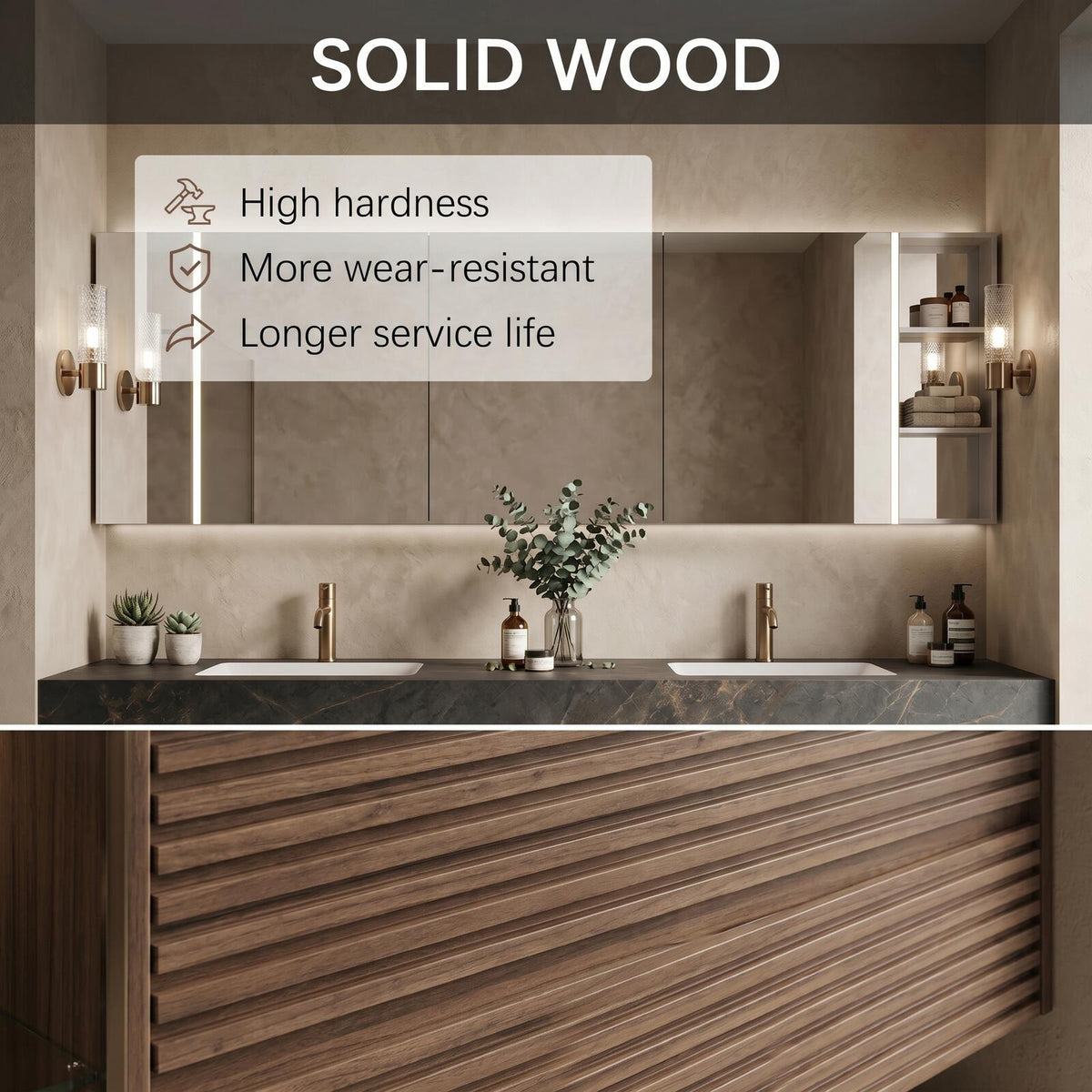 60''-96'' Double Bathroom Vanity with Sink Modern Floating Dark Stone-Effect Slatted Wood