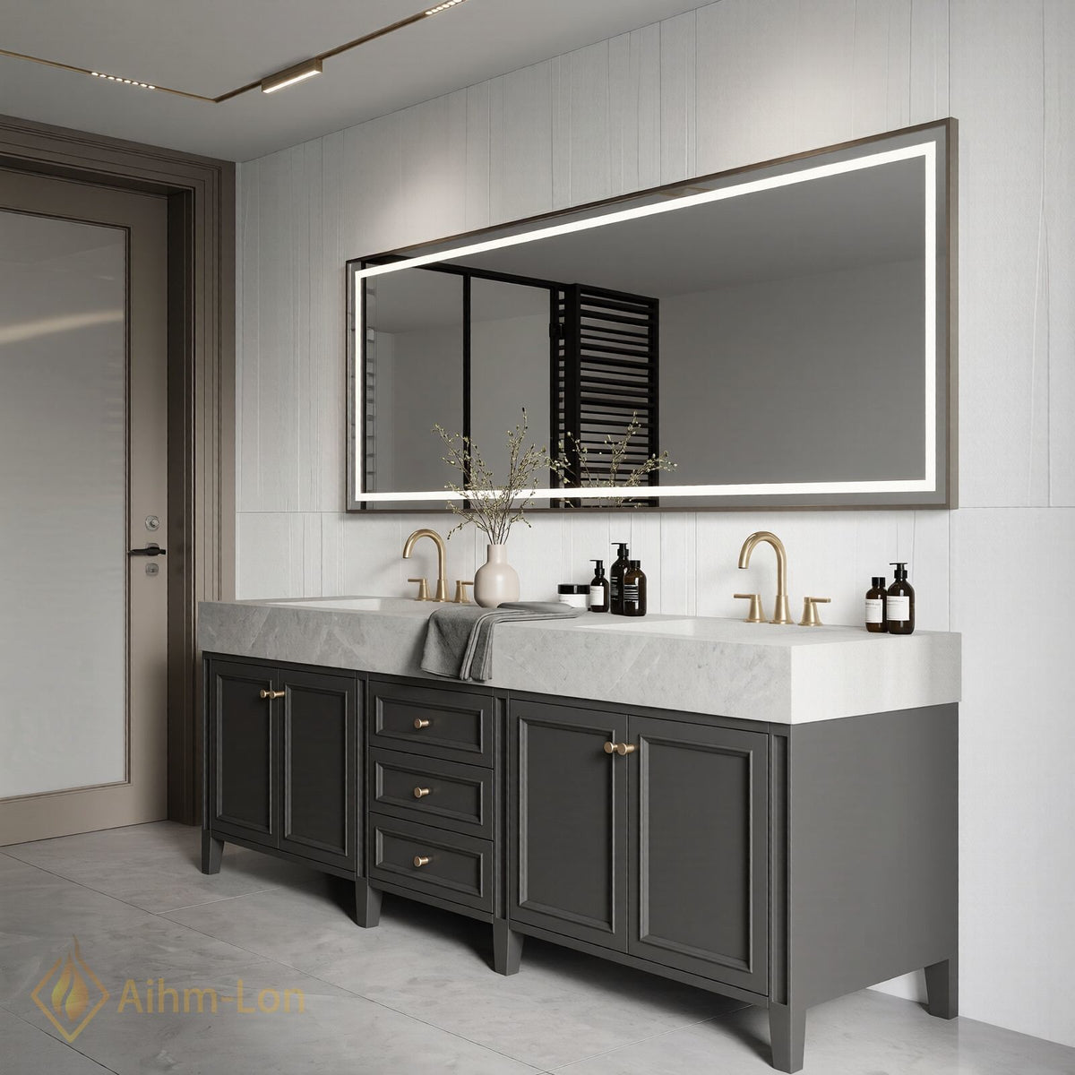 80''-96'' Double Bathroom Vanity with Sink Dark Charcoal Stone Patterned Centered Drawers