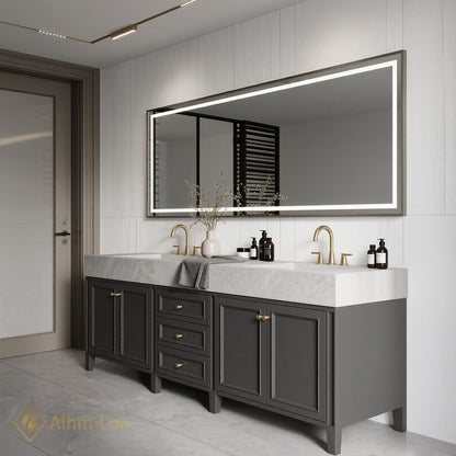 80''-96'' Double Bathroom Vanity with Sink Dark Charcoal Stone Patterned Centered Drawers