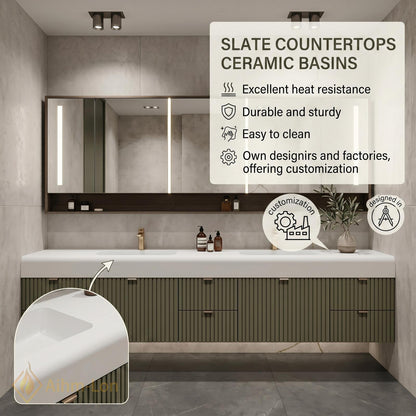 60''-96'' Double Bathroom Vanity with Sink Modern Floating Matte Green Fluted Front