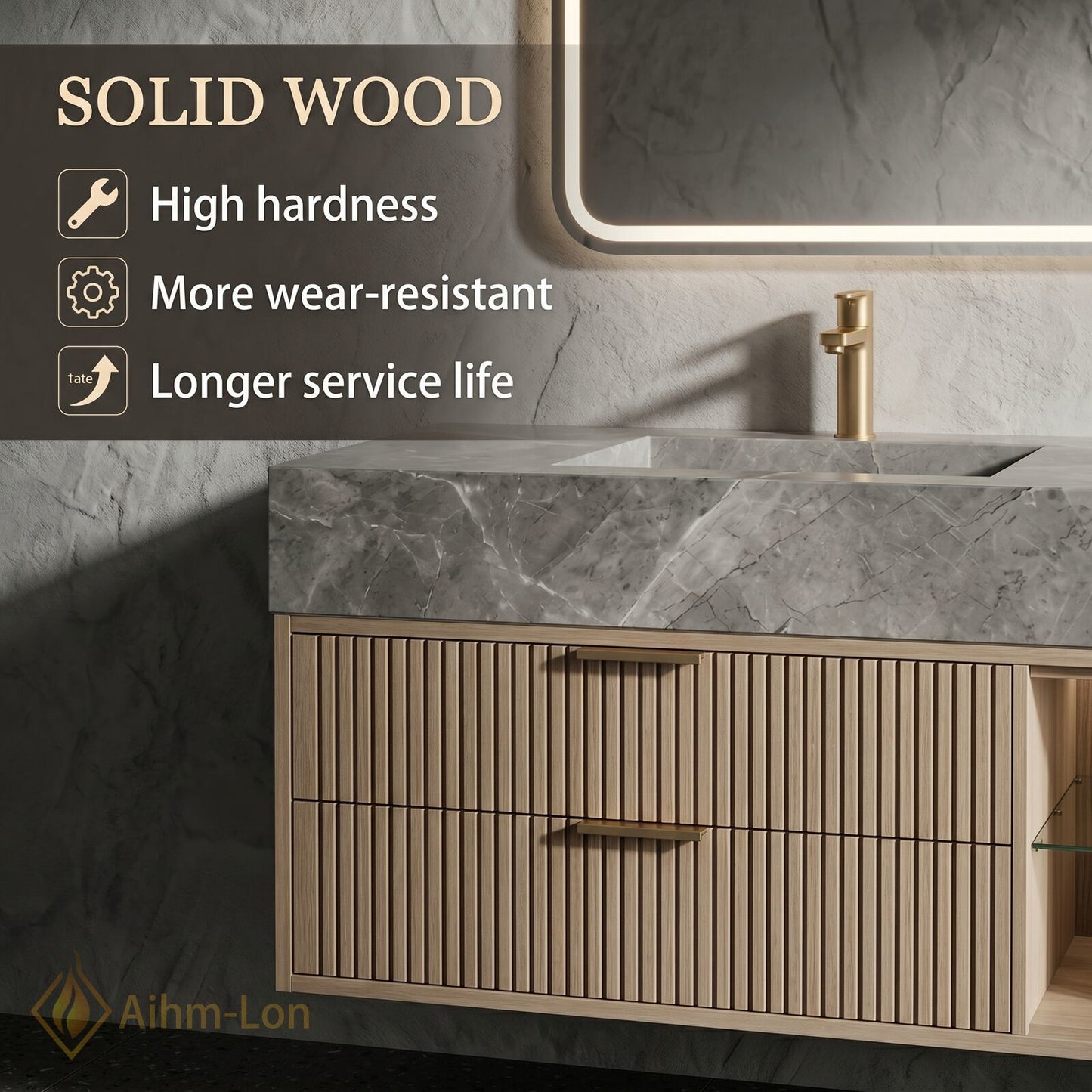 76''-96'' Double Bathroom Vanity with Sink Ridged Panel Front Grey Marble Top
