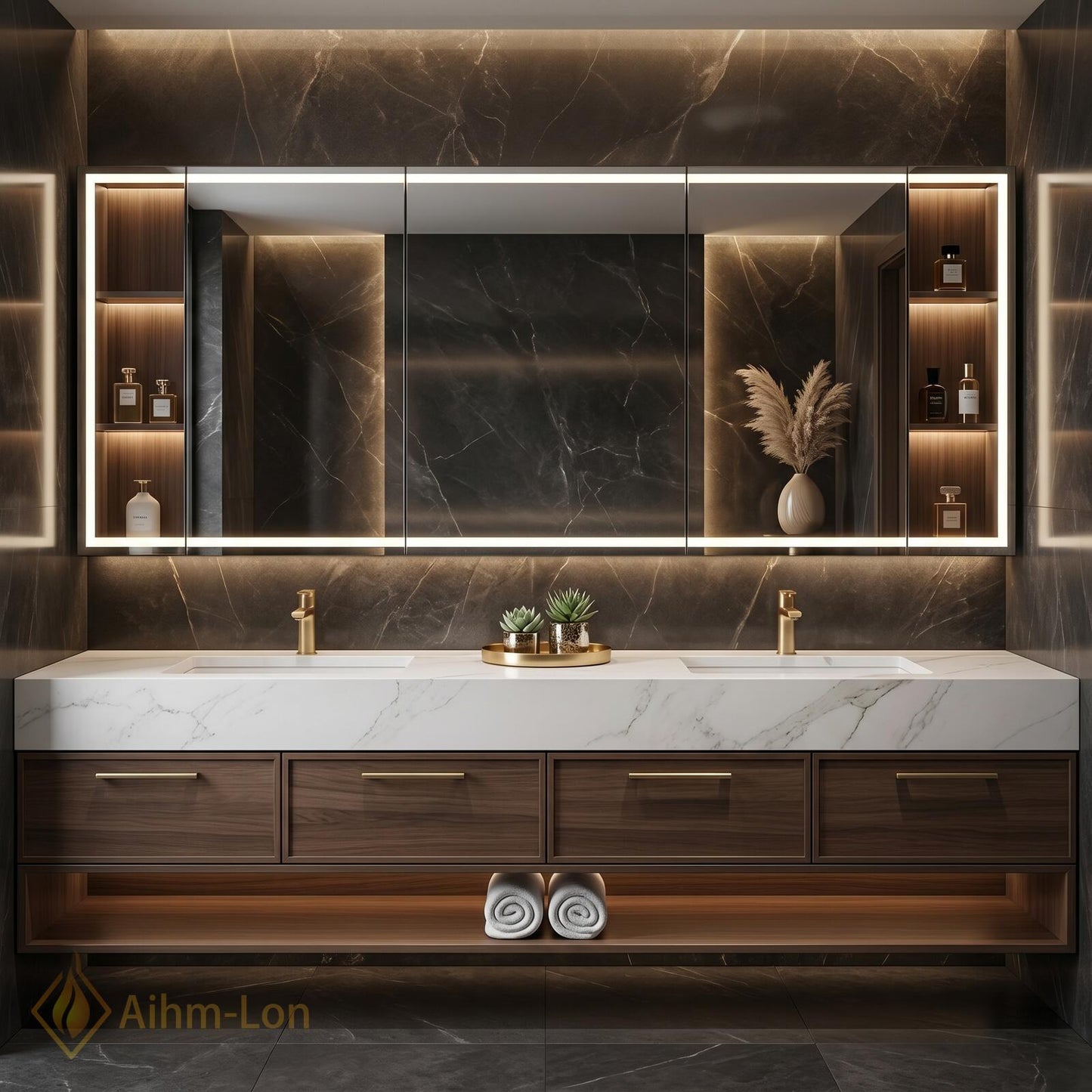 72''-96'' Double Bathroom Vanity with Sink Dark-Wood Modern Floating Drawers Storage