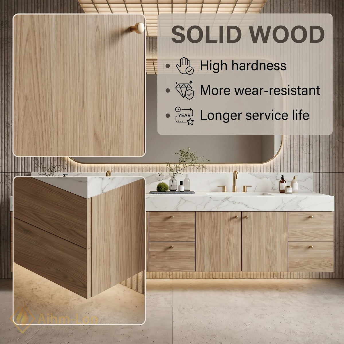 78''-96'' Double Bathroom Vanity with Sink White Marble Top Natural Wood Grain