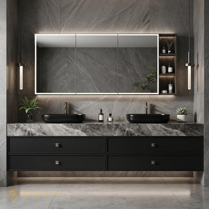 60''-96'' Double Bathroom Vanity with Sink Warm Walnut Finish Slatted Front Doors