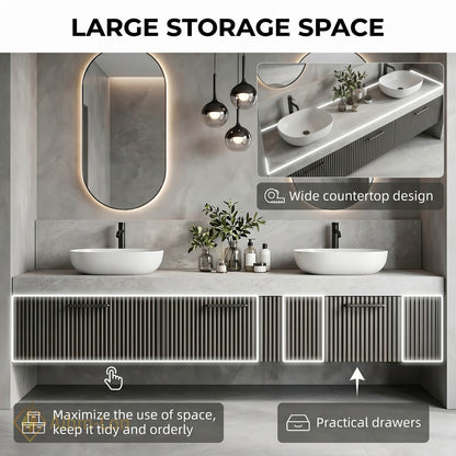 60''-96'' Double Bathroom Vanity with Sink Slatted Grey Panels Stone Top Floating