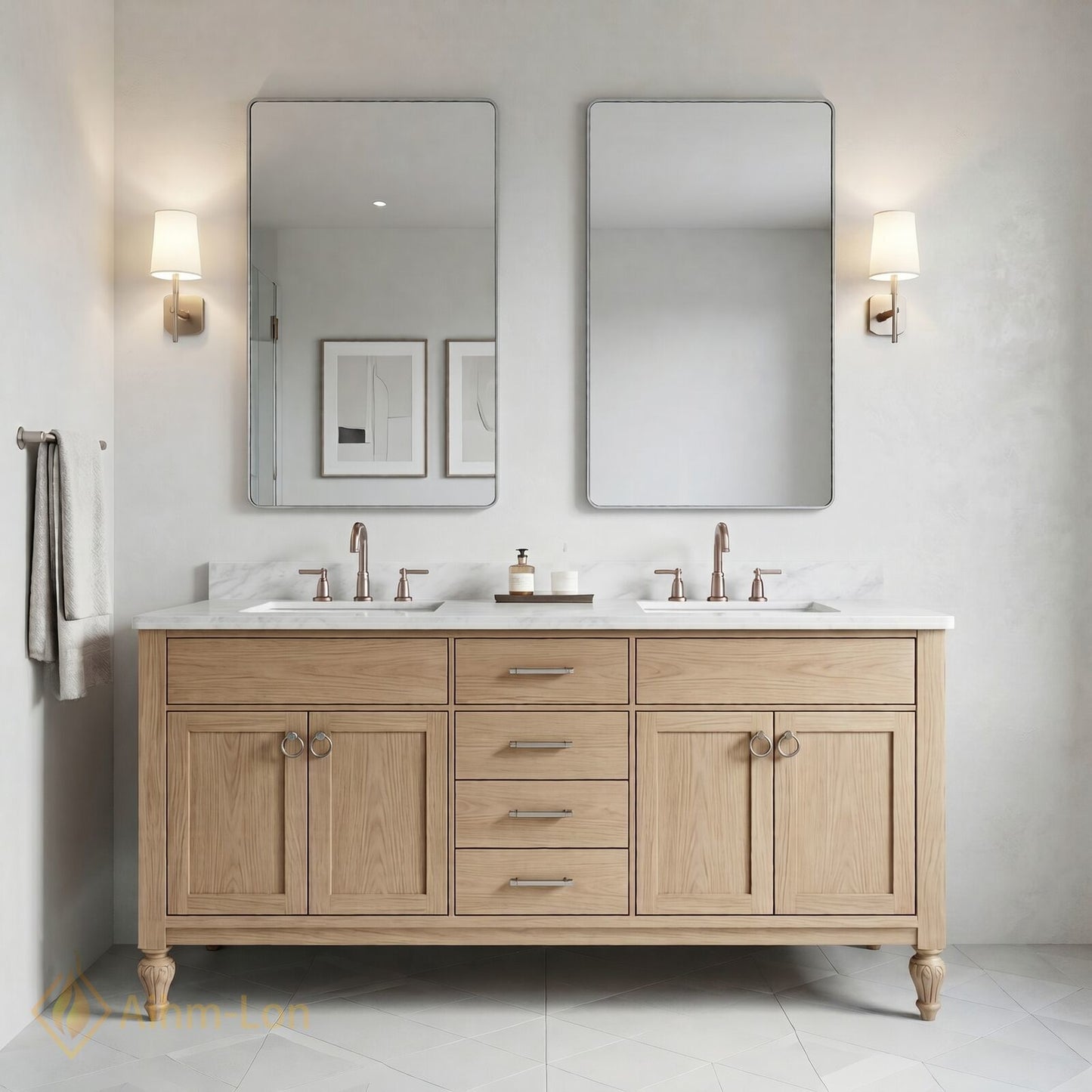 70''-96'' Double Bathroom Vanity with Sink Marble-Style Light Oak Cabinet Storage