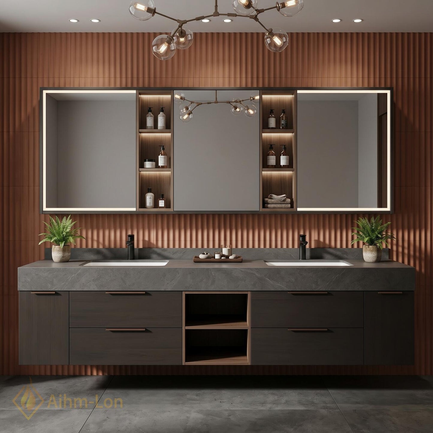 60''-96'' Modern Double Bathroom Vanity with Sink Grey Stone-Textured Top Spacious Drawers