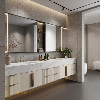 60''-96'' Double Bathroom Vanity with Sink Modern Floating Basin Ridge Textured Doors