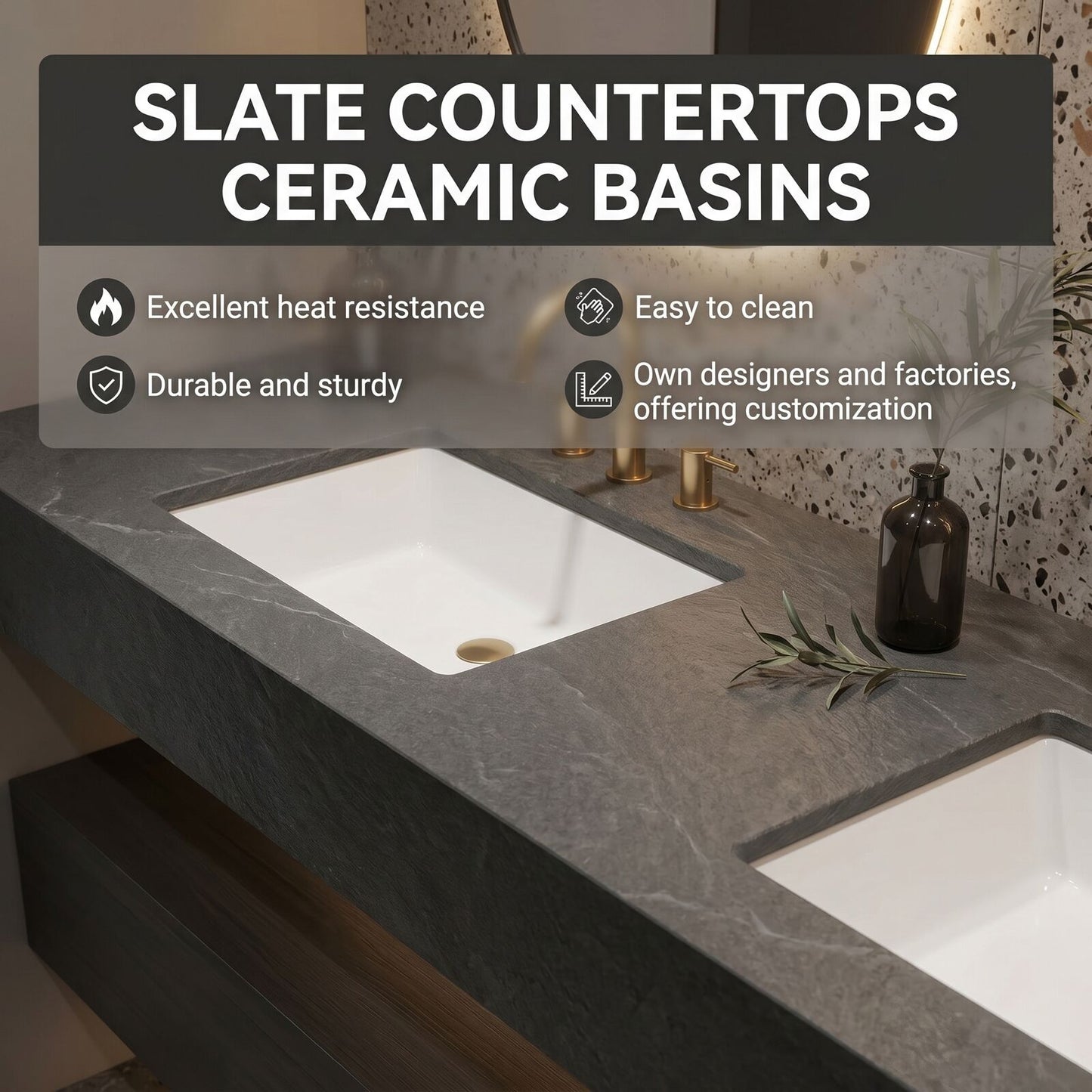 70''-96'' Double Bathroom Vanity with Sink Marble Top Dark Wood Grains Floating Shelf