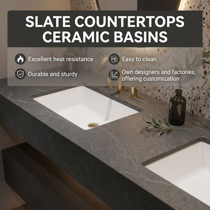 70''-96'' Double Bathroom Vanity with Sink Marble Top Dark Wood Grains Floating Shelf