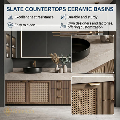 70''-96'' Double Bathroom Vanity with Sink Dark Walnut Finish Rattan Slatted Center