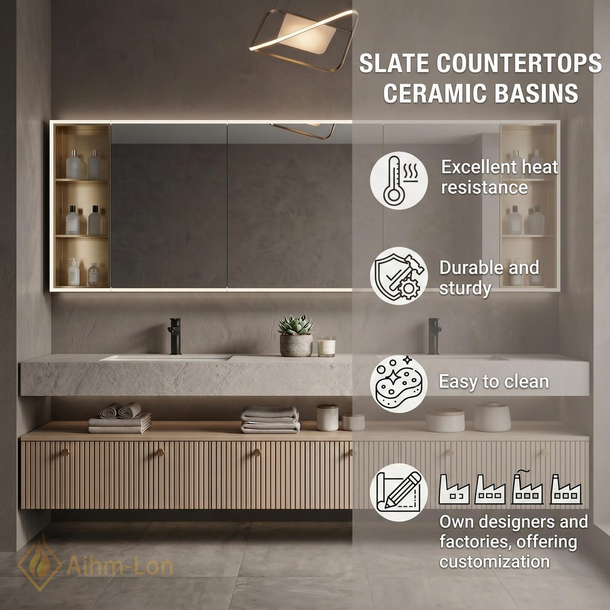 60''-96'' Floating Bathroom Vanity with Sink Slatted Doors Stone-Like Top Open Shelving