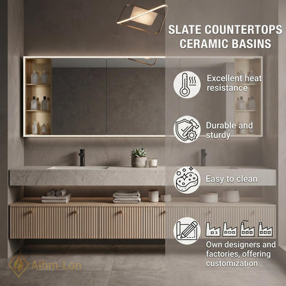 60''-96'' Floating Bathroom Vanity with Sink Slatted Doors Stone-Like Top Open Shelving