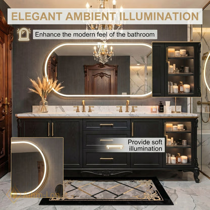 60''-96'' Double Bathroom Vanity with Sink Curved Marble-Look Stone Glass Display Cabinet