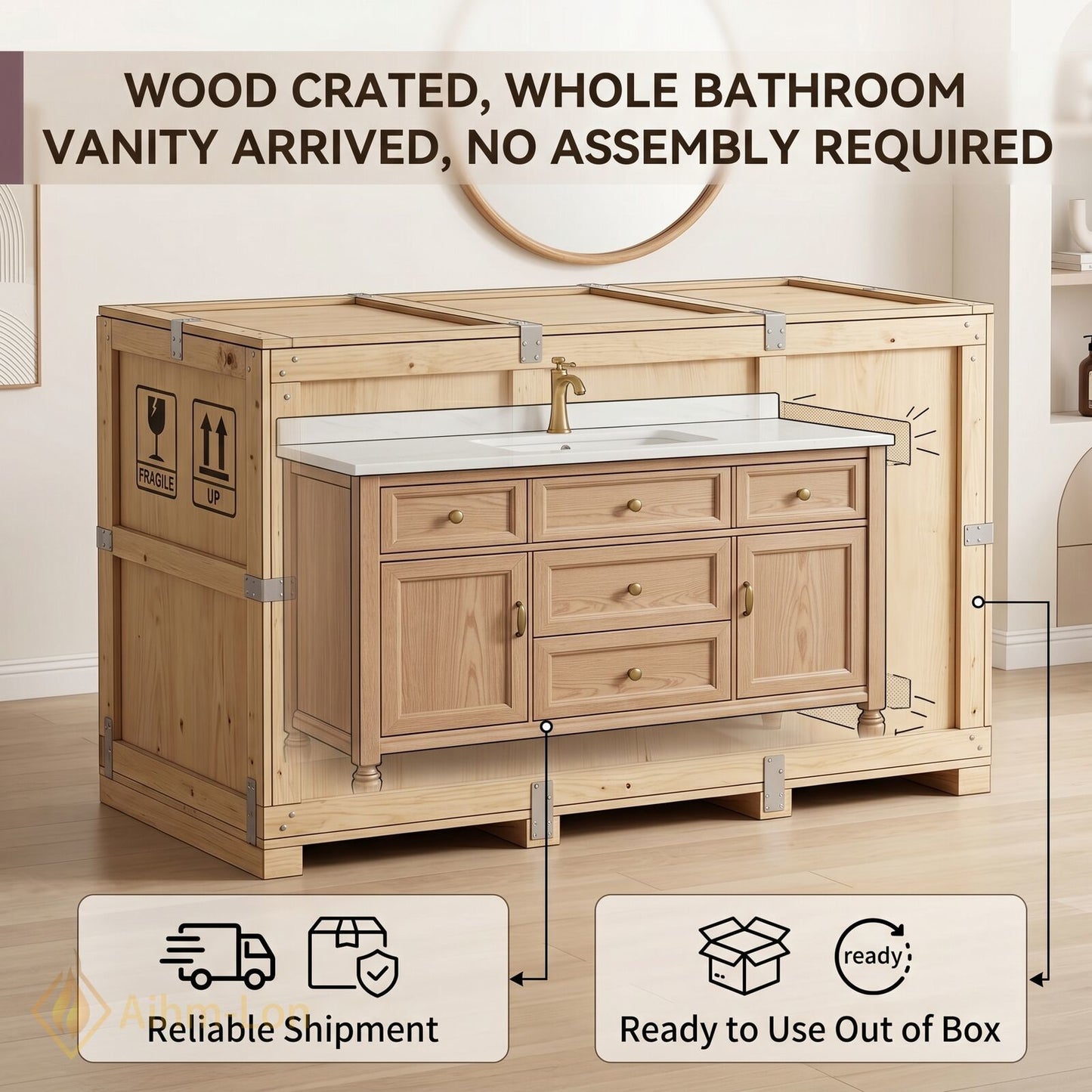 52''-64'' Classic Bathroom Vanity with Sink Oak Wood Turned Leg Open Drawers