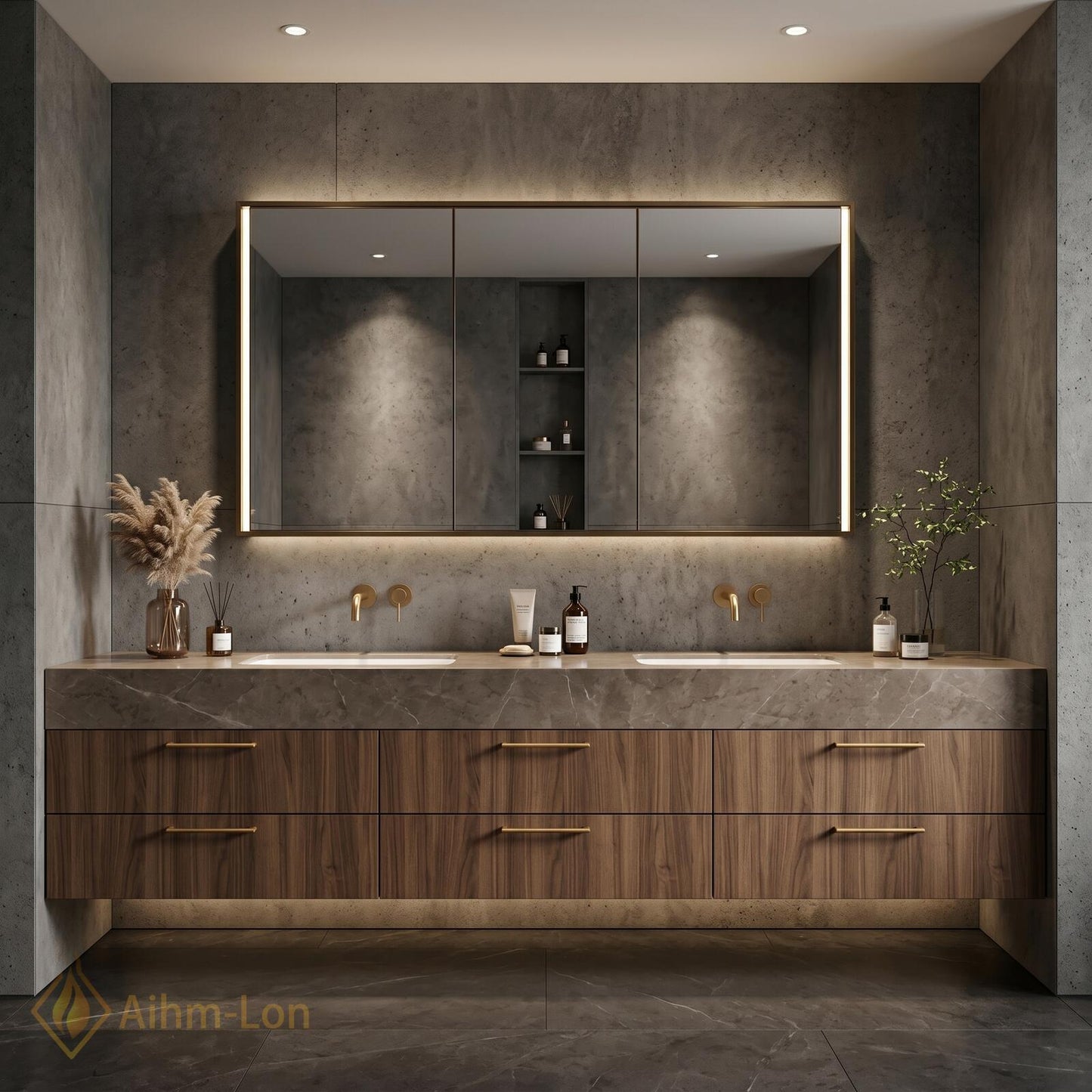60''-96'' Double Bathroom Vanity with Sink Dark-Walnut Floating Slatted Center Panel