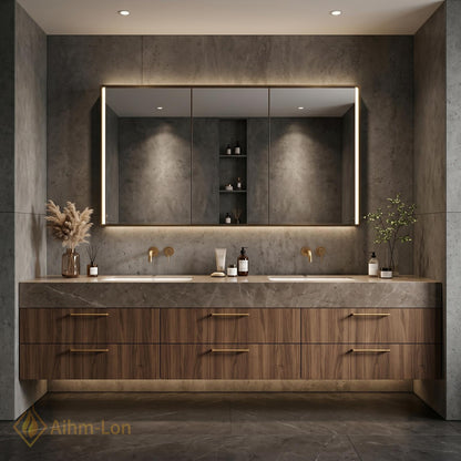 60''-96'' Double Bathroom Vanity with Sink Dark-Walnut Floating Slatted Center Panel