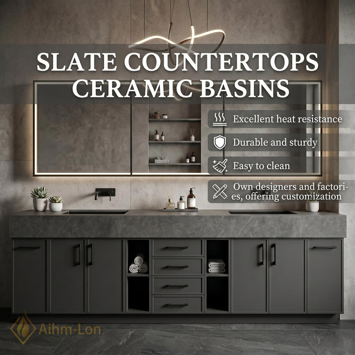 60''-96'' Double Bathroom Vanity with Sink Industrial Gray Matte Finish Open Shelving