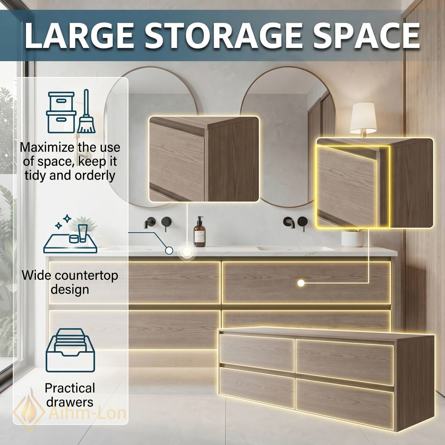 60''-96'' Modern Bathroom Vanity with Sink Floating Natural Wood-Grain Stone Drawers