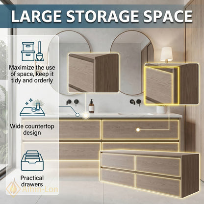 60''-96'' Modern Bathroom Vanity with Sink Floating Natural Wood-Grain Stone Drawers