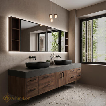 72''-96'' Double Bathroom Vanity with Sink Dark-Walnut Modern Floating Open Drawer