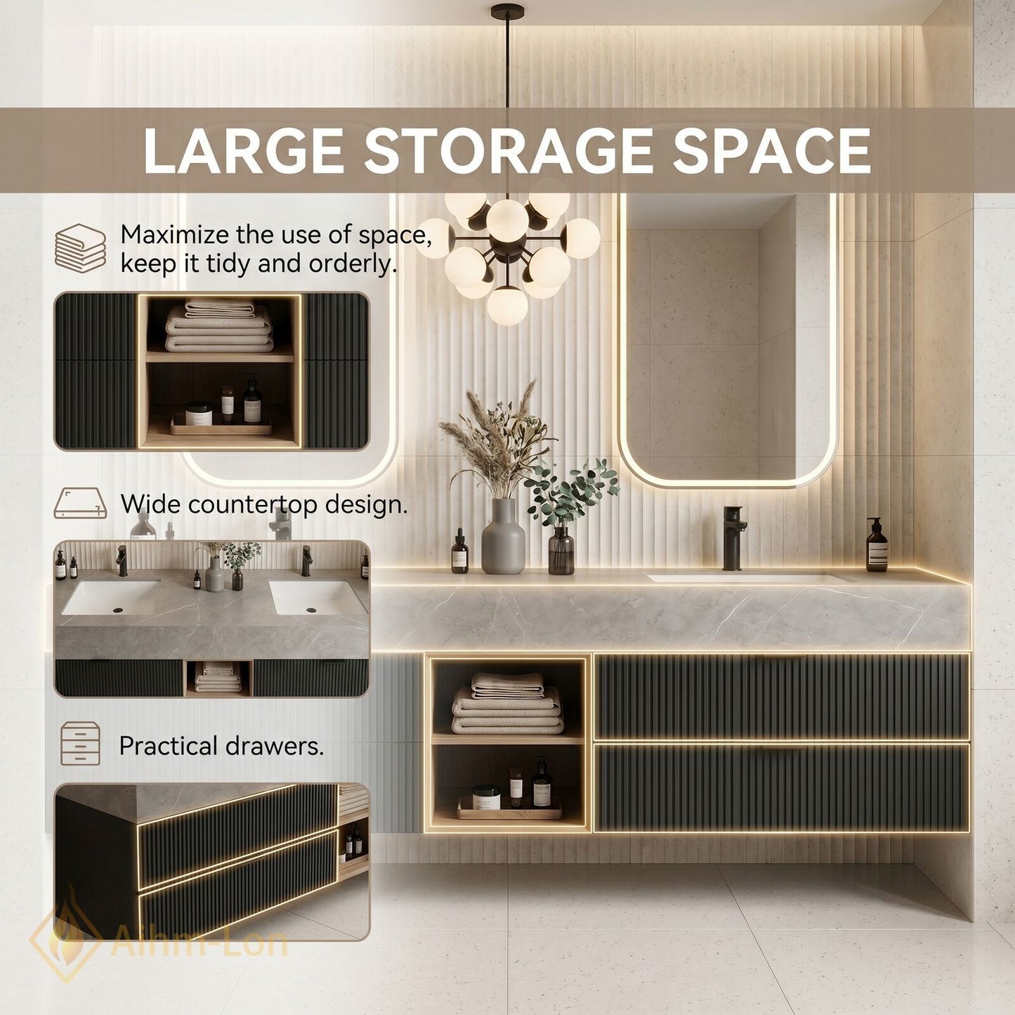 60''-96'' Double Bathroom Vanity with Sink Stone-Top Ribbed Dark Panels Smooth Open