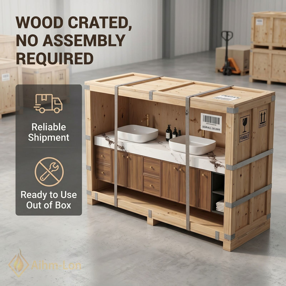 78''-96'' Double Bathroom Vanity with Sink Marble Style Top Warm Wood Finish