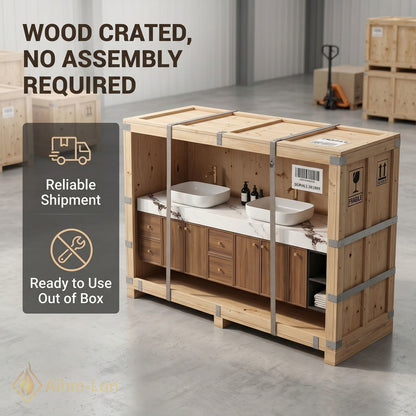 78''-96'' Double Bathroom Vanity with Sink Marble Style Top Warm Wood Finish