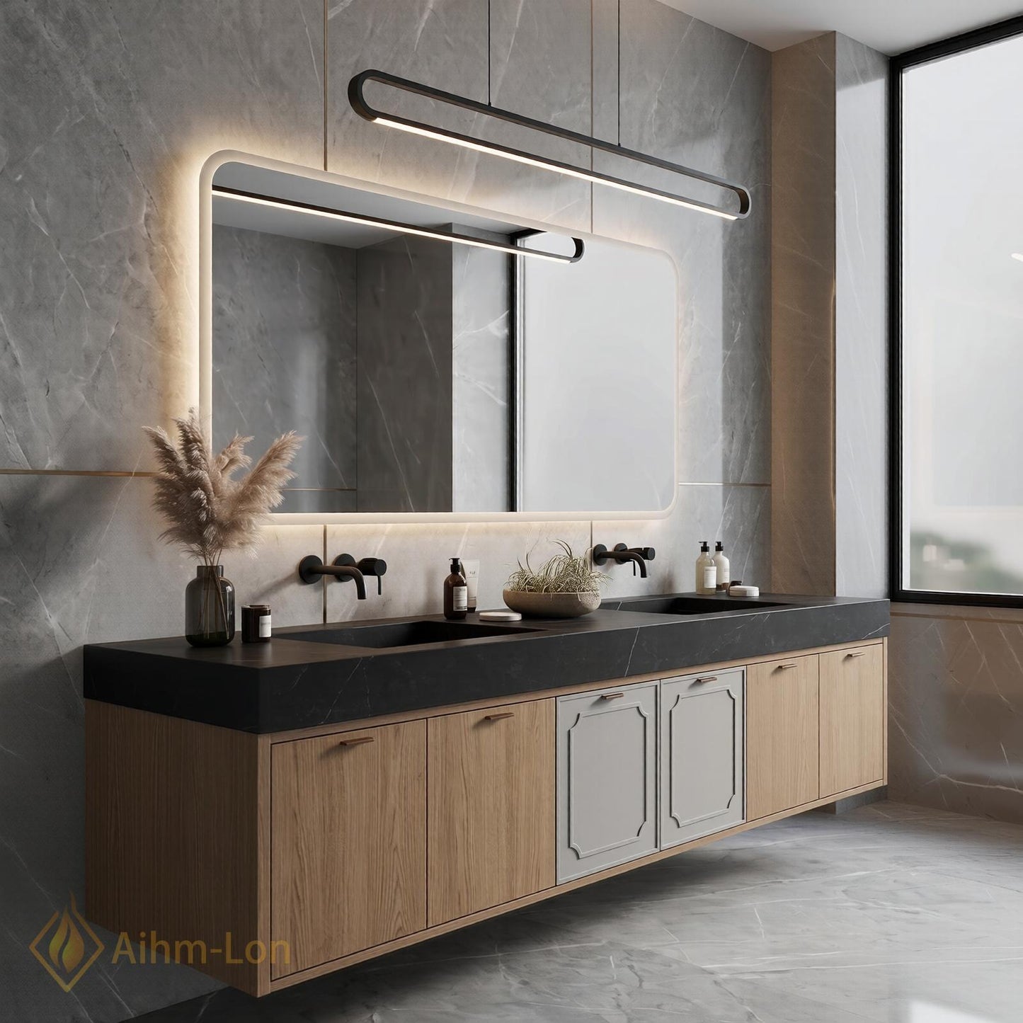 60''-96'' Double Bathroom Vanity with Sink Gray Natural-Wood Modern Floating Panel