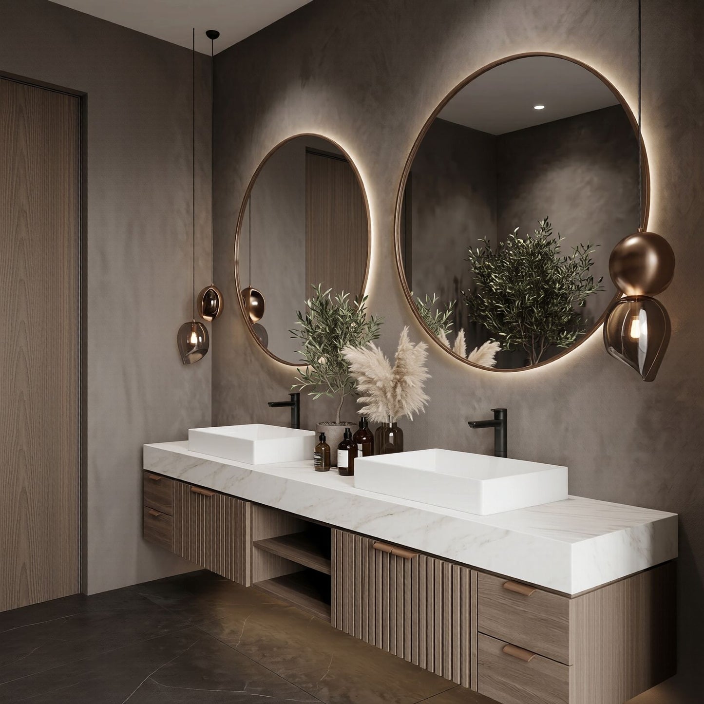 70''-96'' Modern Bathroom Vanity with Sink Double Vessel Slatted Marble Patterned Top Cabinet