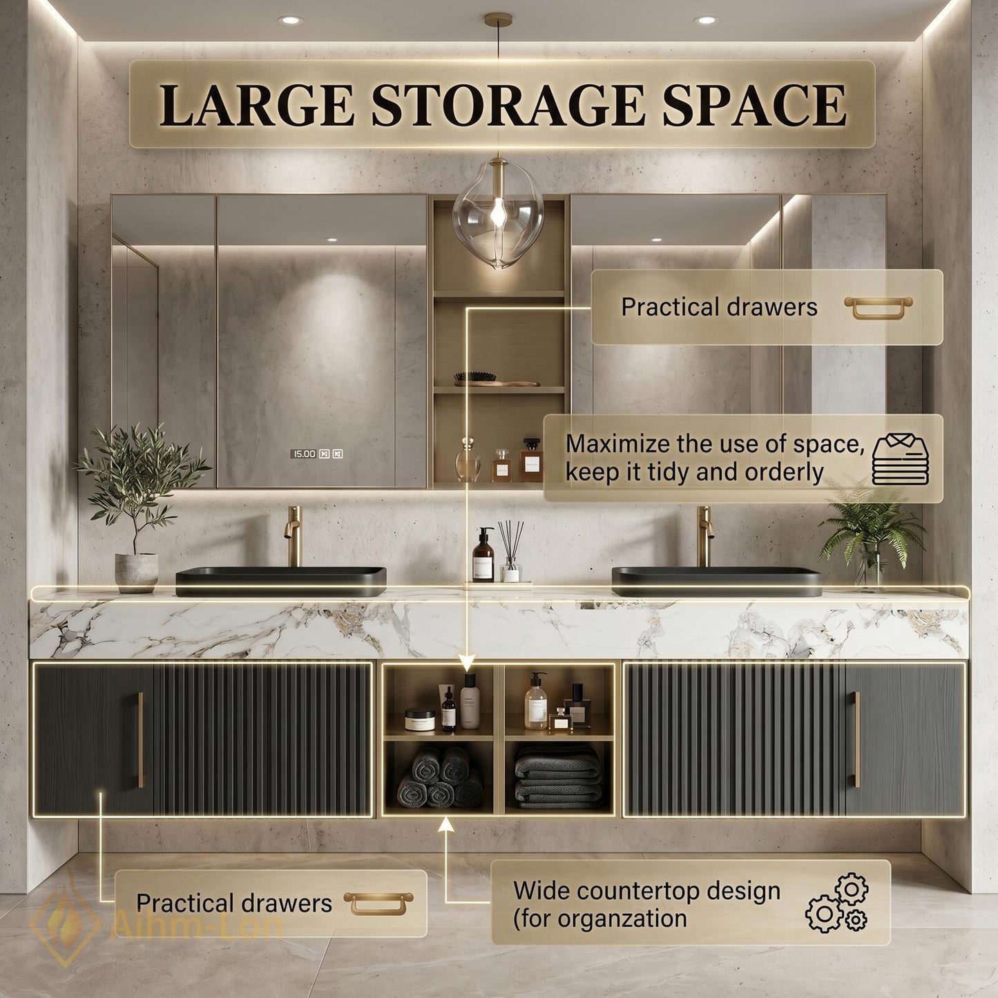 70''-96'' Double Bathroom Vanity with Sink Modern Floating Dark Grey Fluted Panels