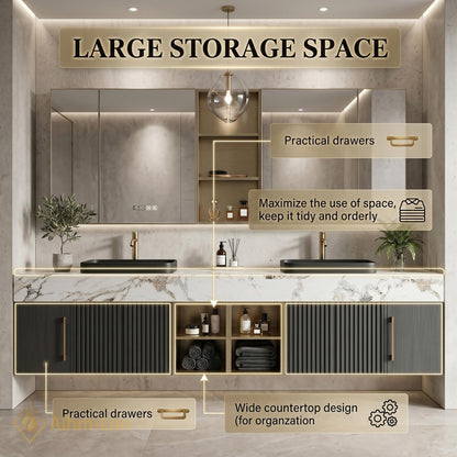 70''-96'' Double Bathroom Vanity with Sink Modern Floating Dark Grey Fluted Panels