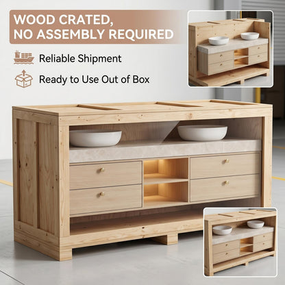 60''-96'' Floating Bathroom Vanity with Sink Double Sink Light Wood Open Shelving Drawers Mirror