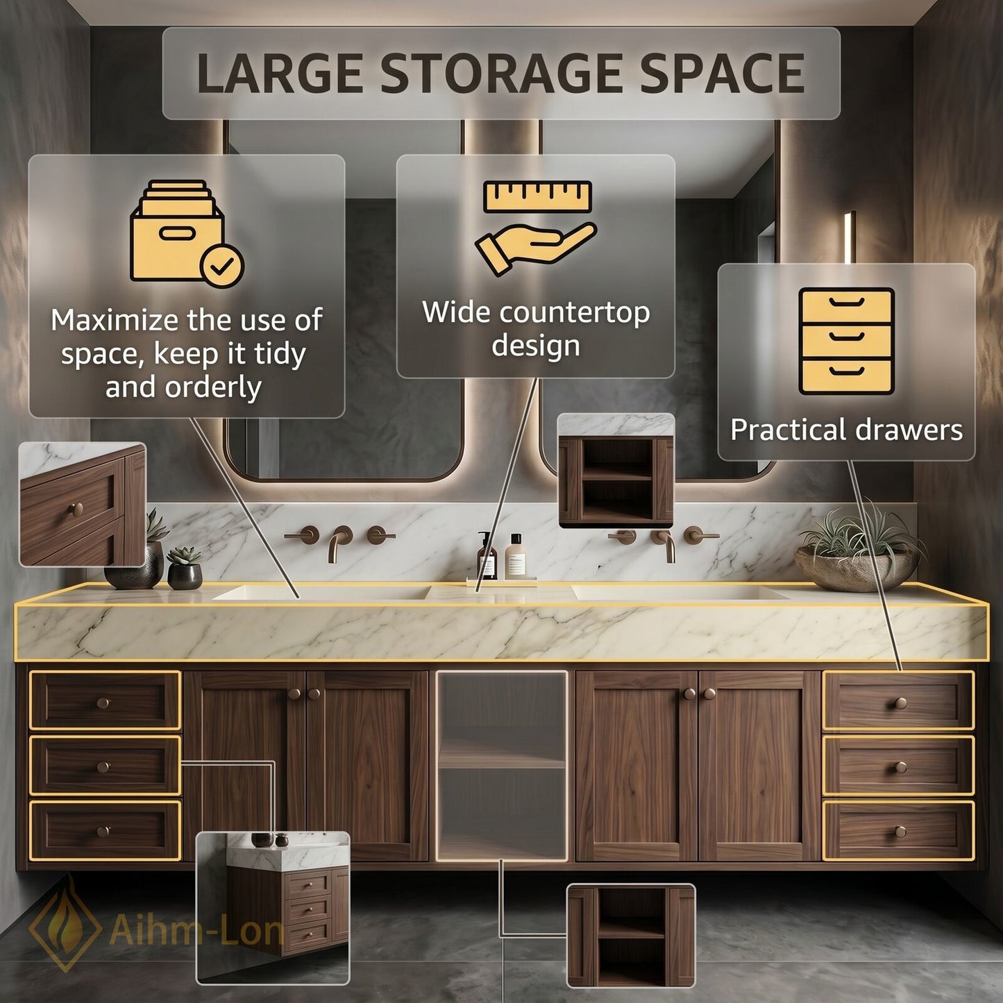 78''-96'' Double Bathroom Vanity with Sink Floating Modern Storage Drawers Large Marble