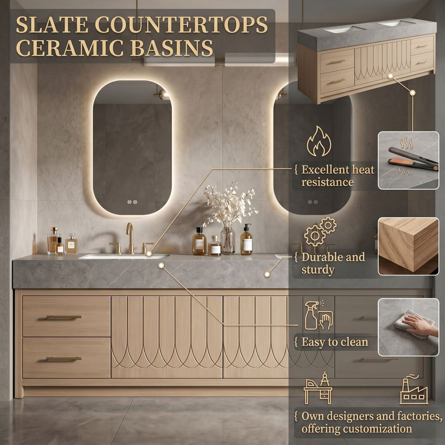 60''-96'' Elegant Bathroom Vanity with Sink Double Sink Wood Grain Stone Pattern Curved Doors