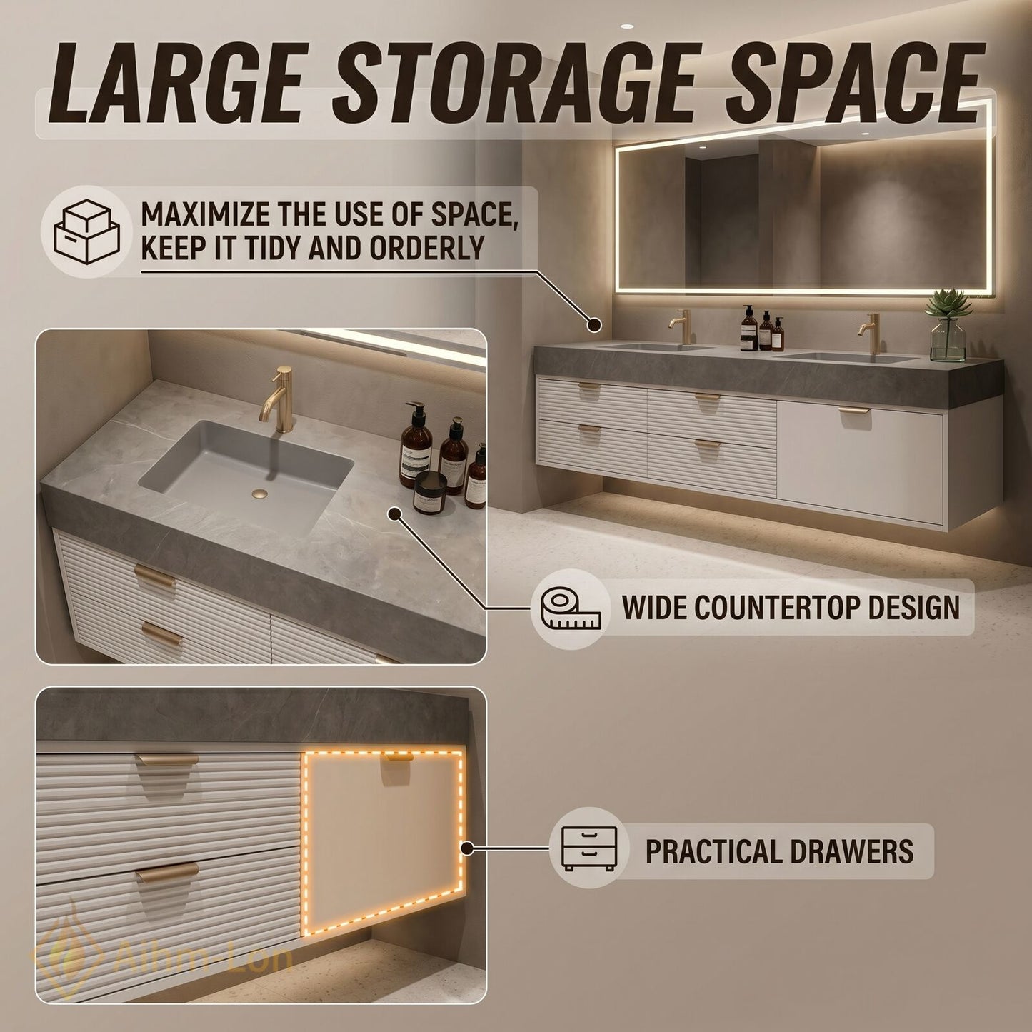 60''-96'' Double Bathroom Vanity with Sink Grey Modern Stone Texture Top Ribbed