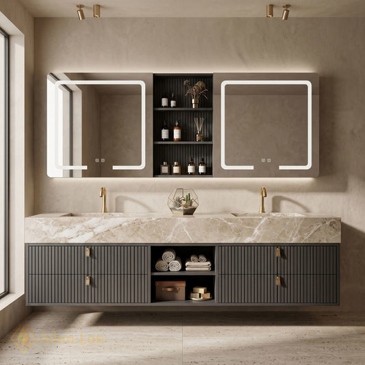 60''-96'' Double Bathroom Vanity with Sink Floating Storage Drawers Marble-Like Stone Top