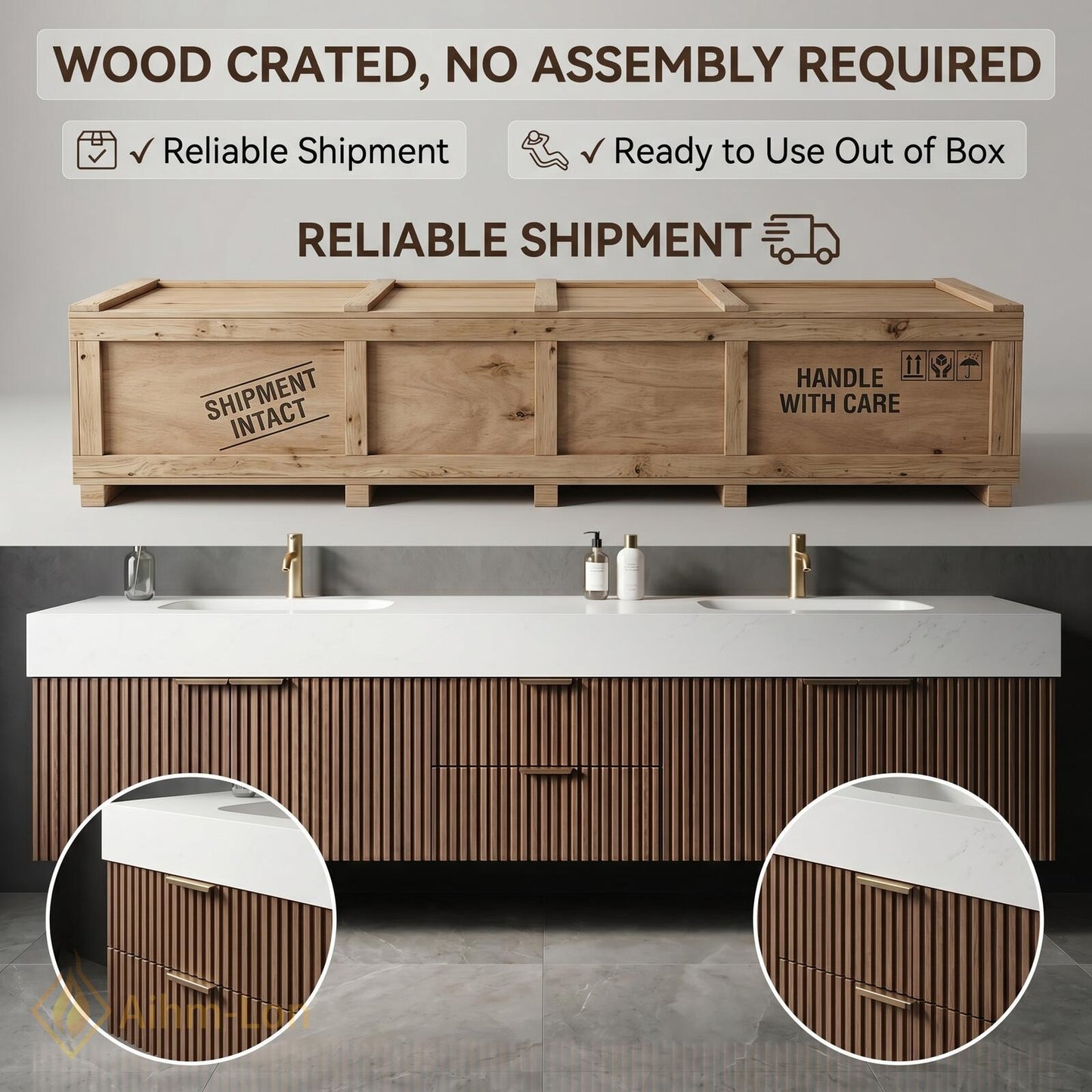 60''-96'' Double Bathroom Vanity with Sink Walnut Floating Open Shelving Vertically Grooved